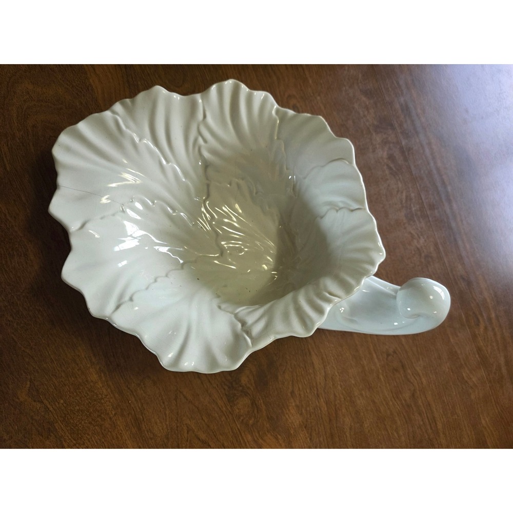 Vintage White Ceramic Cornucopia Leaf Centerpiece Bowl Horn of Plenty 15.5"